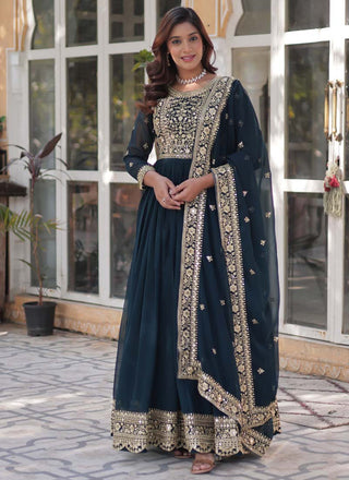 Prazu Fashion Aqua Blue Georgette Embroidered Sequence Gown With Dupatta