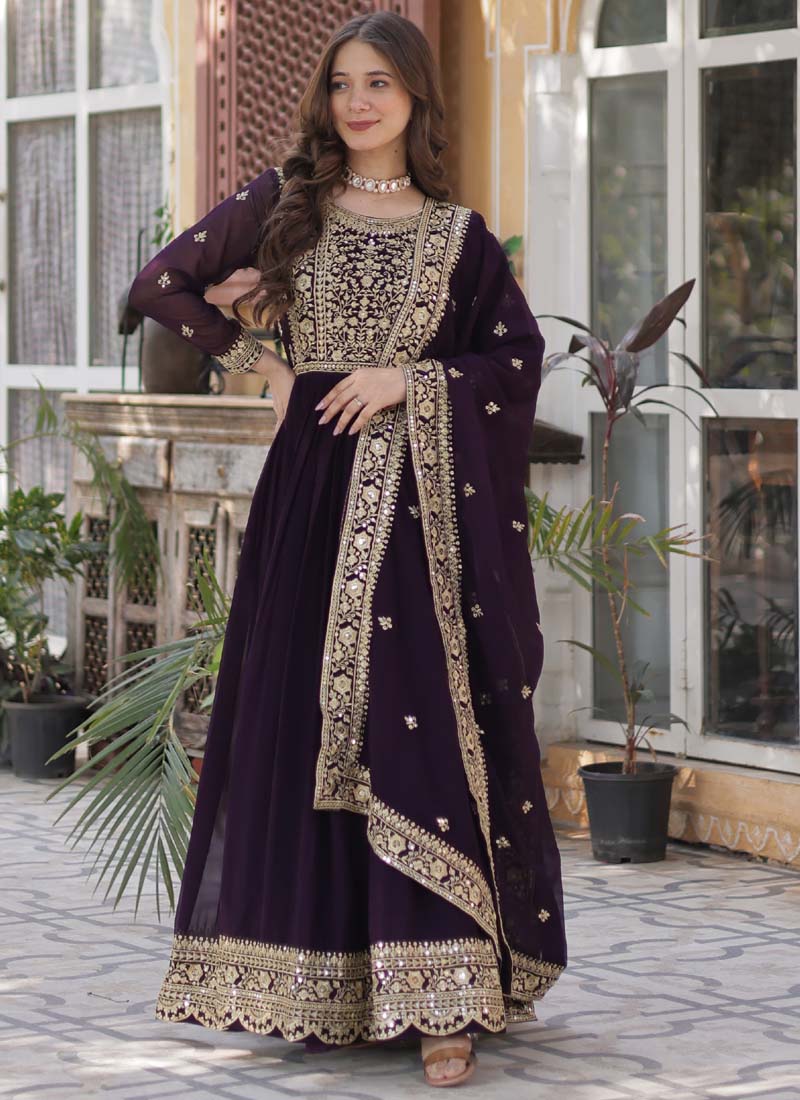 Prazu Fashion Wine Georgette Embroidered Sequence Gown With Dupatta
