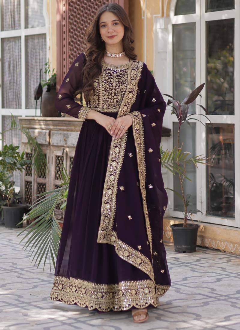 Prazu Fashion Wine Georgette Embroidered Sequence Gown With Dupatta