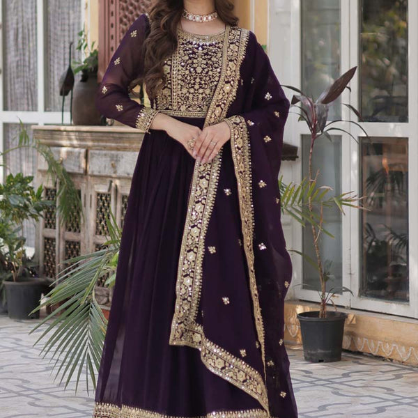 Prazu Fashion Wine Georgette Embroidered Sequence Gown With Dupatta - Distacart