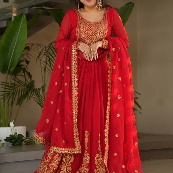 Prazu Fashion Red Georgette Embroidered Gown With Dupatta - Distacart