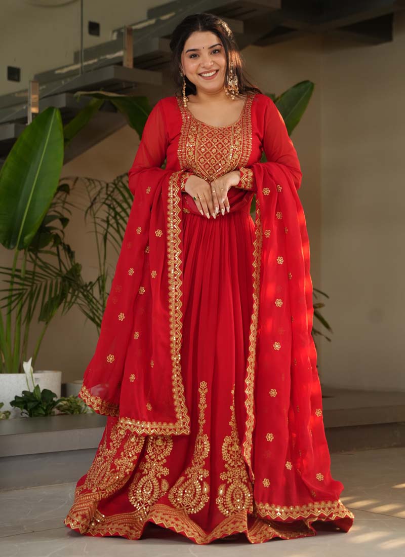 Prazu Fashion Red Georgette Embroidered Gown With Dupatta - Distacart