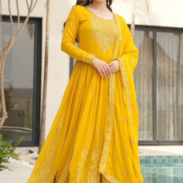 Prazu Fashion Yellow Georgette Embroidered Gown With Dupatta - Distacart