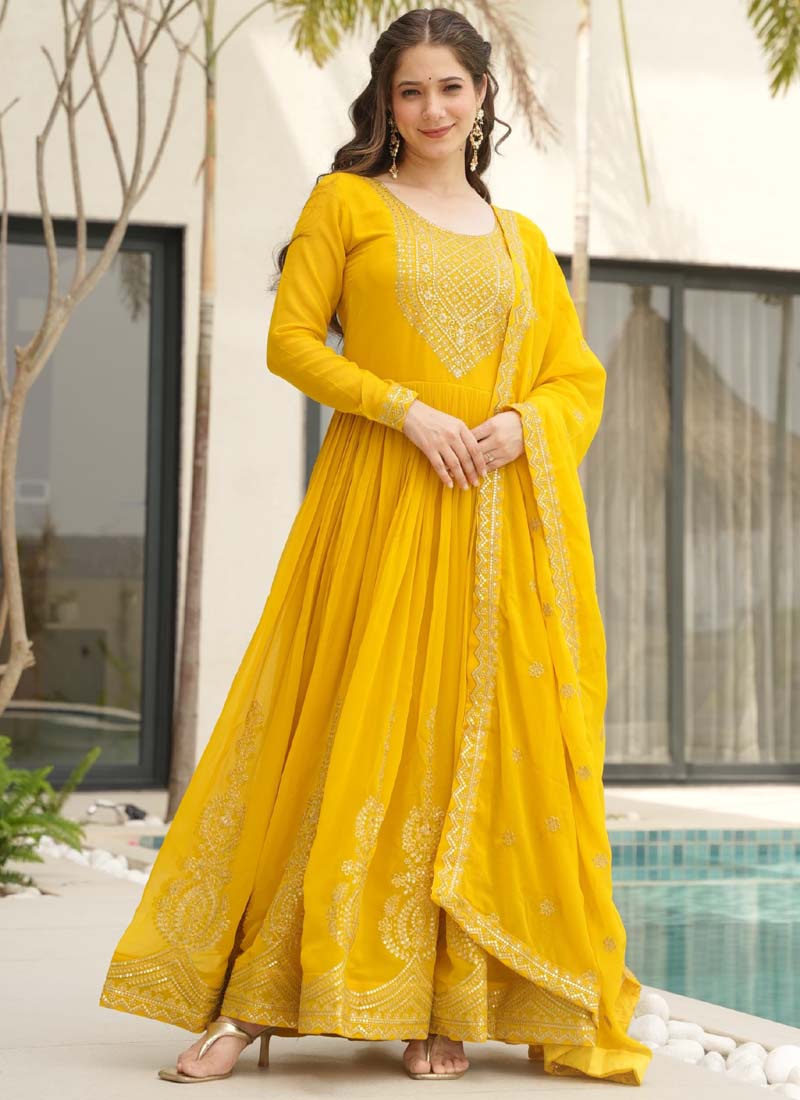 Prazu Fashion Yellow Georgette Embroidered Gown With Dupatta - Distacart