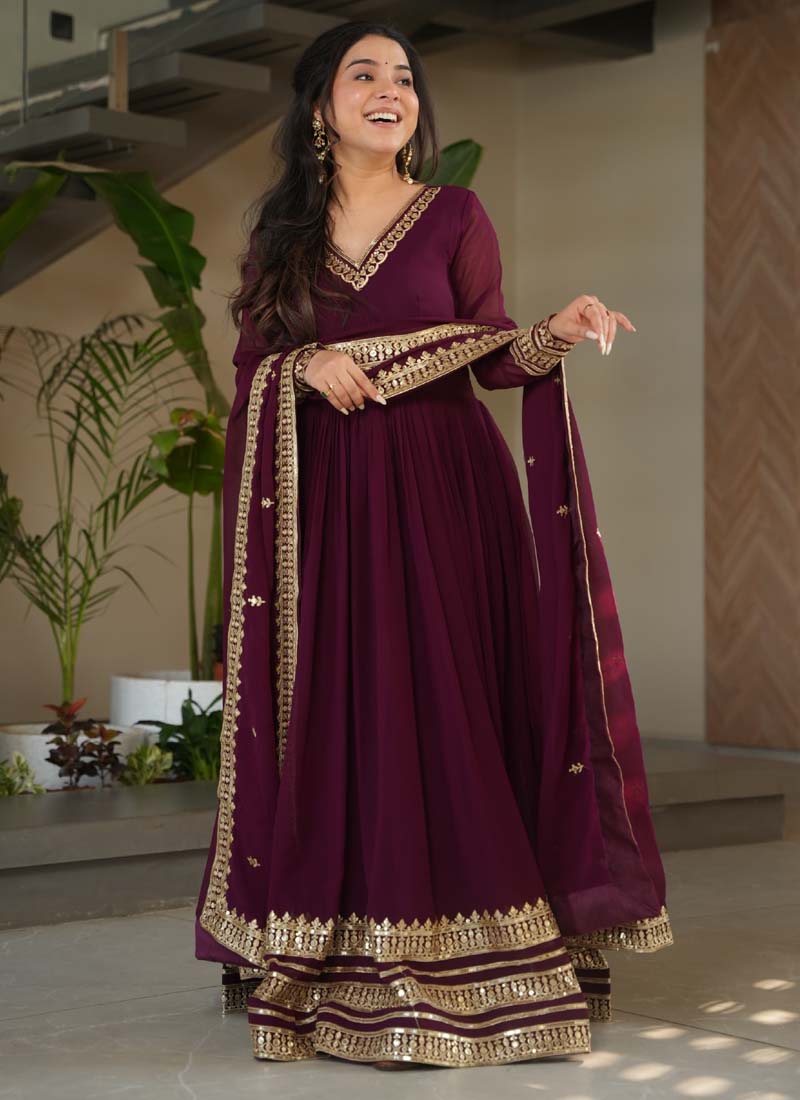 Prazu Fashion Wine Georgette Embroidered Sequence Gown With Dupatta - Distacart