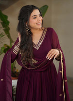 Thumbnail for Prazu Fashion Wine Georgette Embroidered Sequence Gown With Dupatta