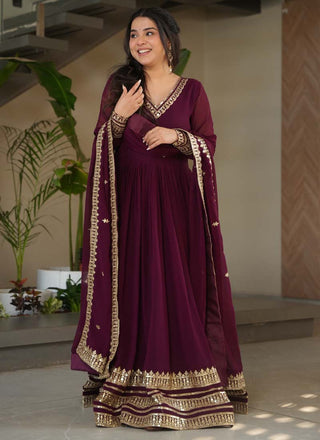 Prazu Fashion Wine Georgette Embroidered Sequence Gown With Dupatta
