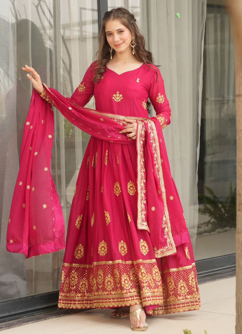 Prazu Fashion Red Georgette Embroidered Gown With Dupatta