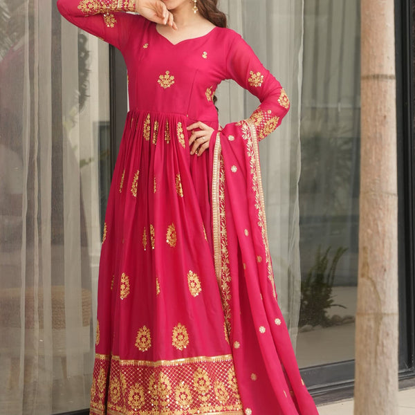 Prazu Fashion Red Georgette Embroidered Gown With Dupatta - Distacart