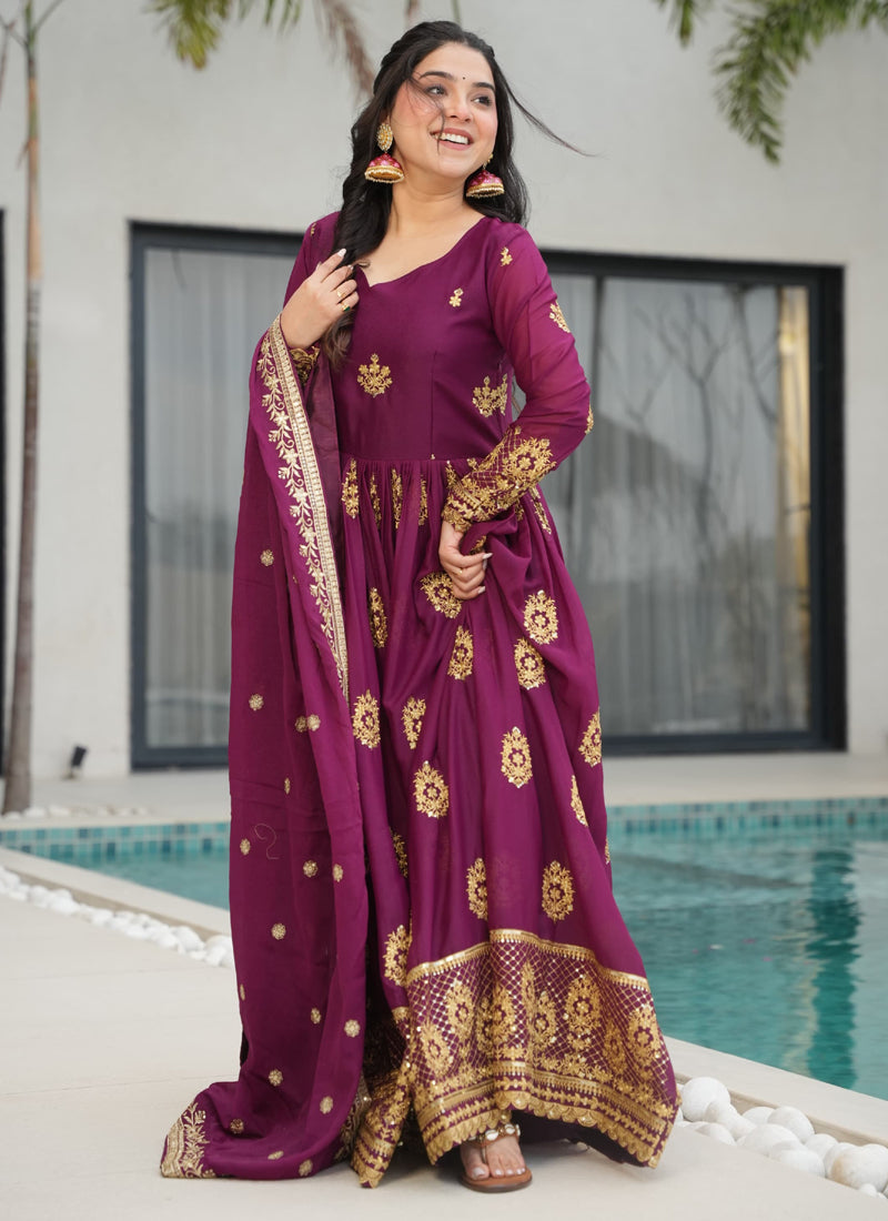 Prazu Fashion Wine Georgette Embroidered Gown With Dupatta