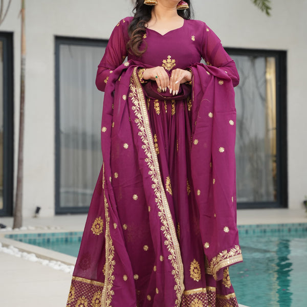 Prazu Fashion Wine Georgette Embroidered Gown With Dupatta - Distacart
