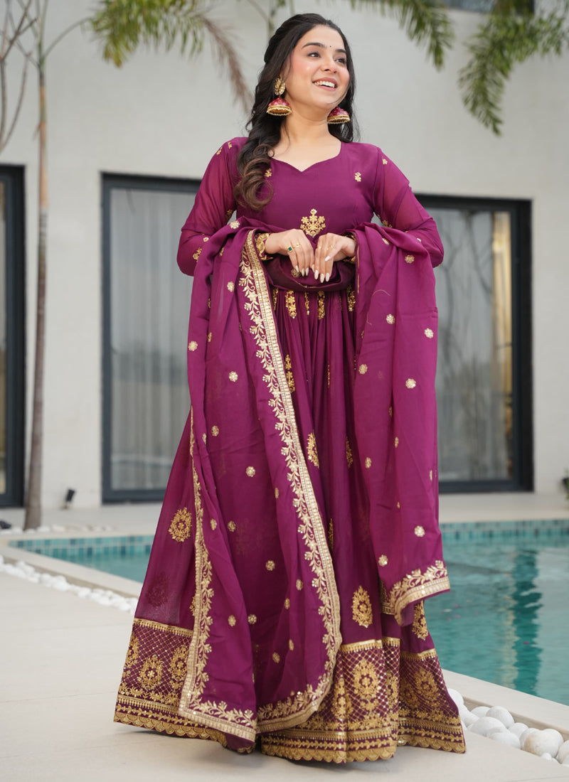 Prazu Fashion Wine Georgette Embroidered Gown With Dupatta - Distacart