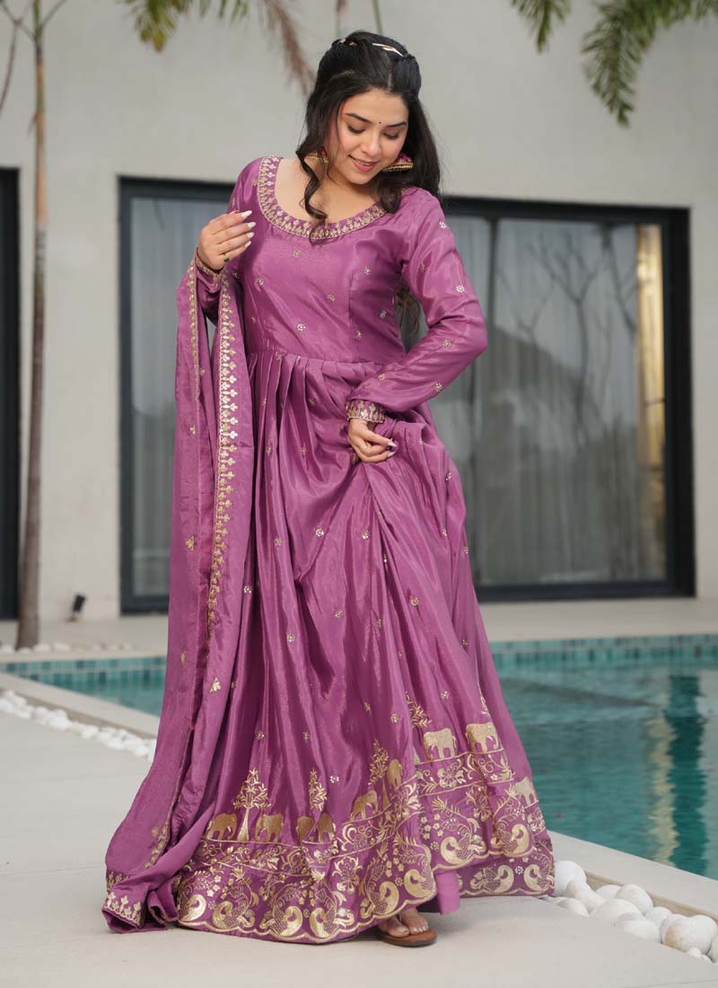 Prazu Fashion Onion Pink Chinon Silk Embroidered Sequence Gown With Dupatta - Distacart