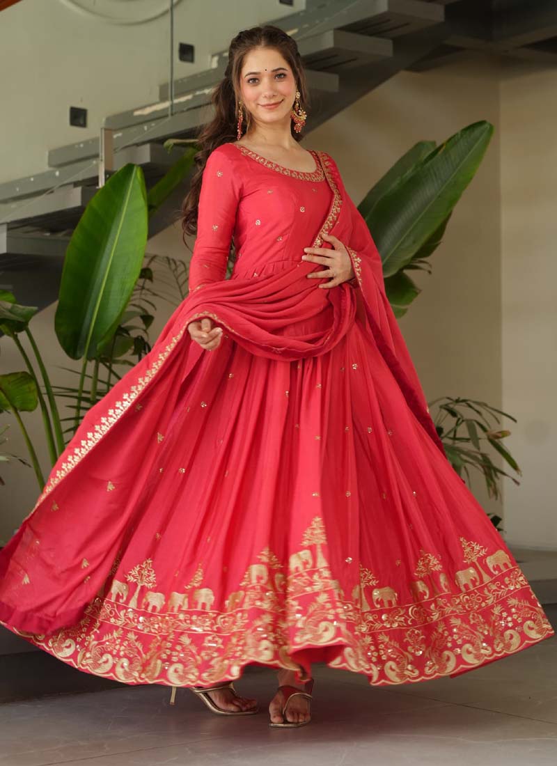Prazu Fashion Peach Red Chinon Silk Embroidered Sequence Gown With Dupatta