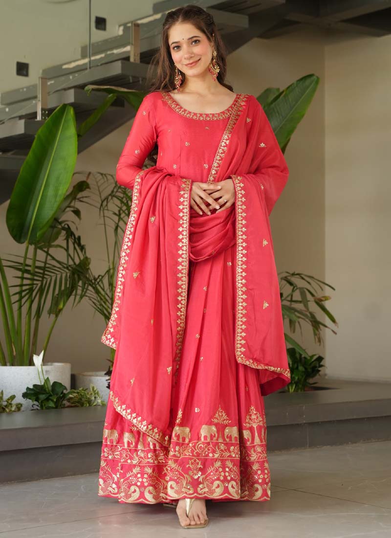 Prazu Fashion Peach Red Chinon Silk Embroidered Sequence Gown With Dupatta
