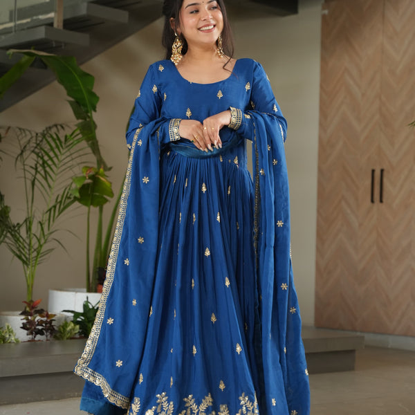 Prazu Fashion Blue Chinon Silk Embroidered Zari Gown With Dupatta - Distacart
