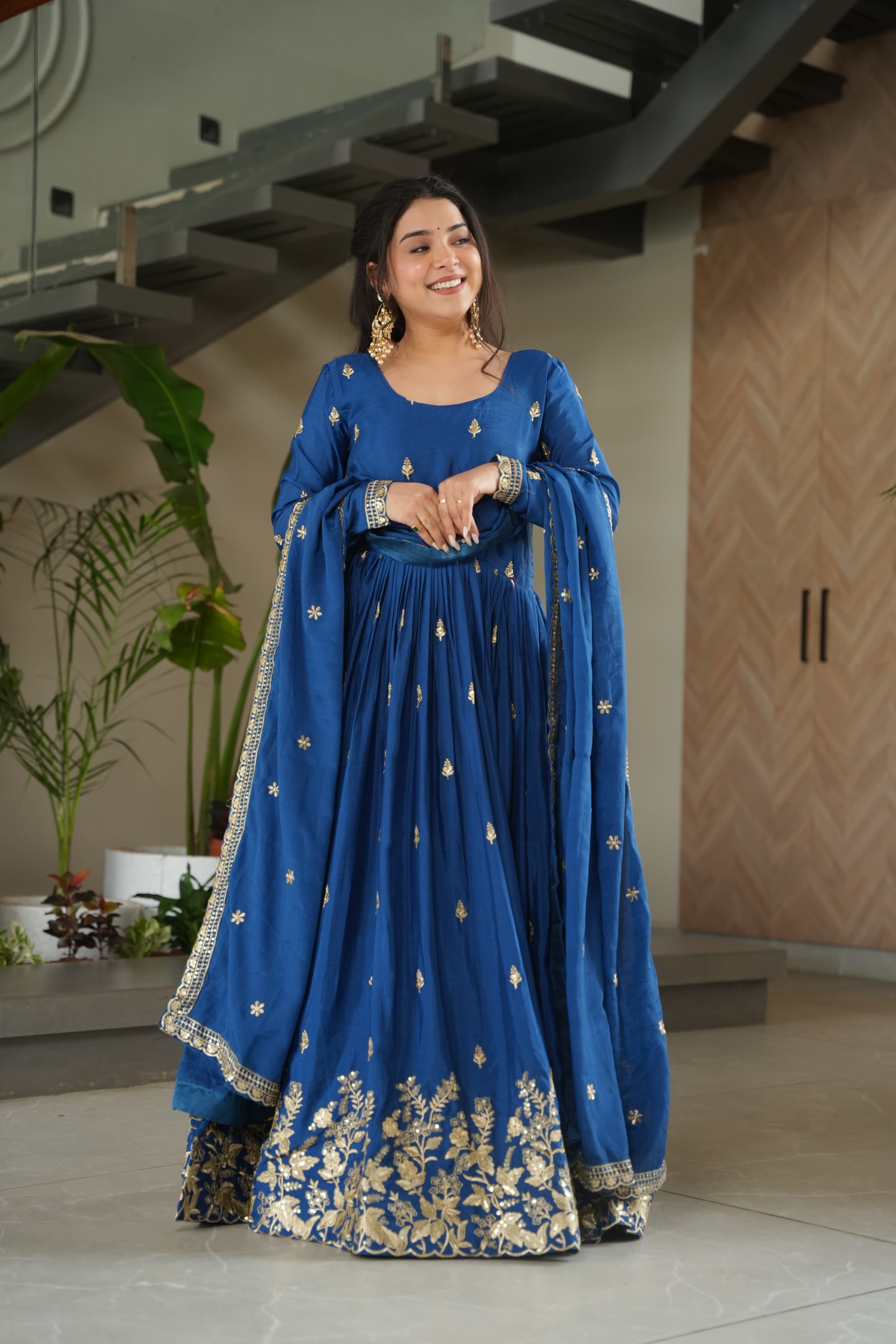 Prazu Fashion Blue Chinon Silk Embroidered Zari Gown With Dupatta - Distacart