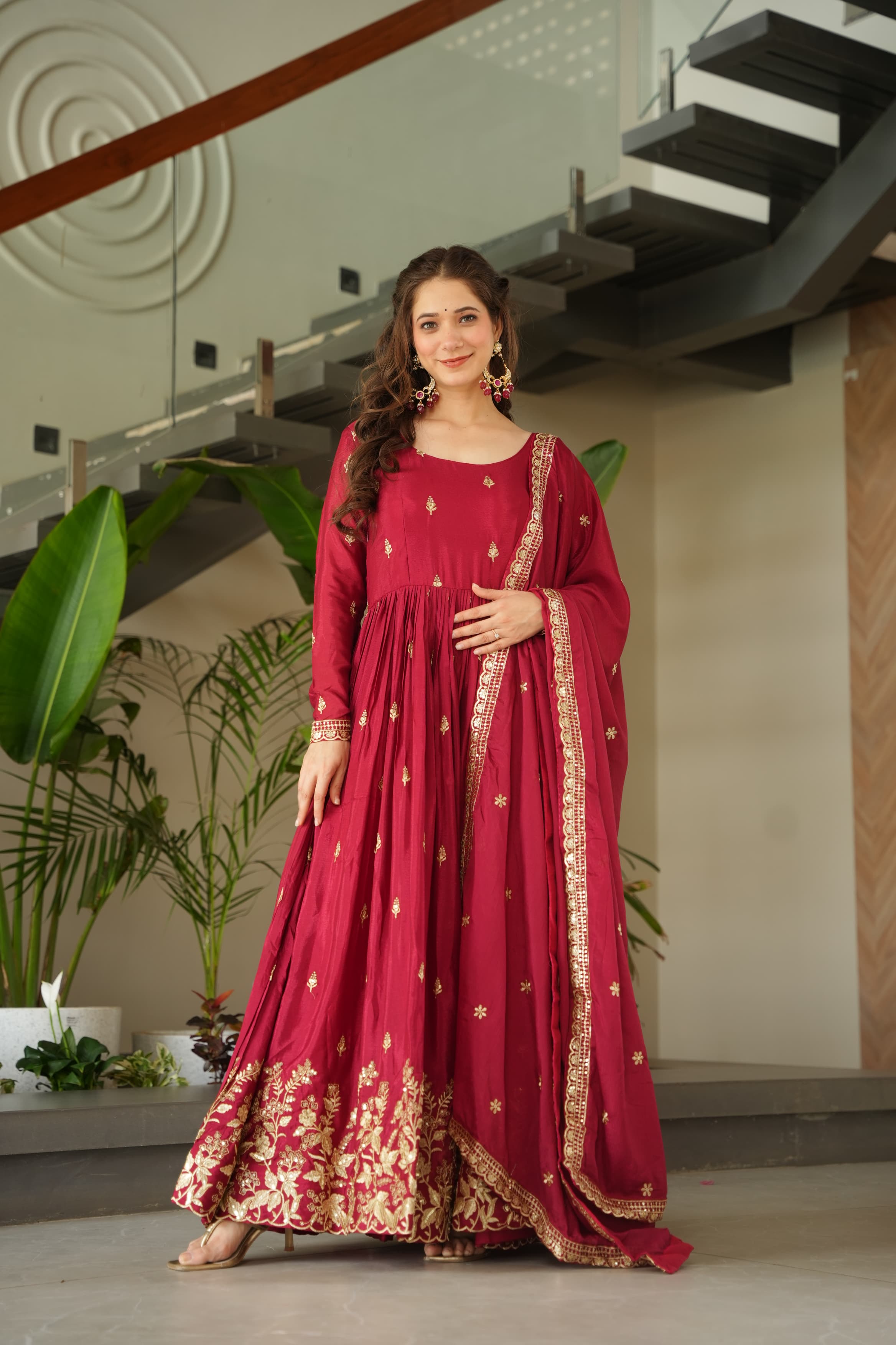 Prazu Fashion Maroon Chinon Silk Embroidered Zari Gown With Dupatta