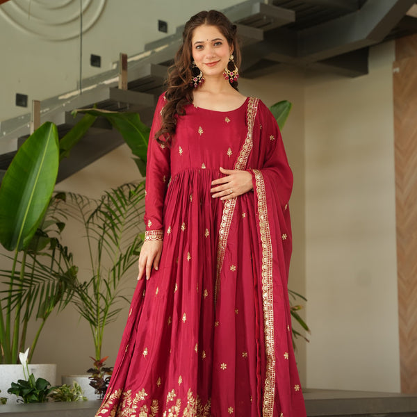 Prazu Fashion Maroon Chinon Silk Embroidered Zari Gown With Dupatta - Distacart