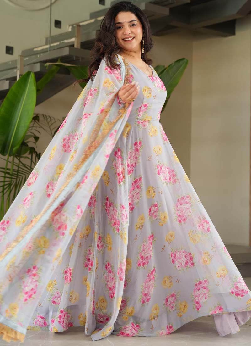 Prazu Fashion Light Grey Georgette Digital Printed Gown With Dupatta - Distacart