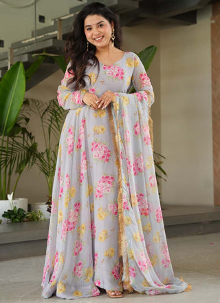 Prazu Fashion Light Grey Georgette Digital Printed Gown With Dupatta
