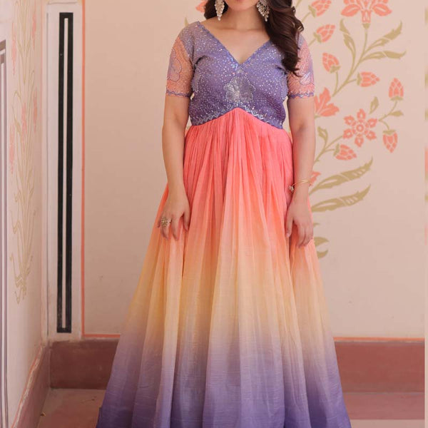 Prazu Fashion Multi Color Georgette Embroidered Gown - Distacart