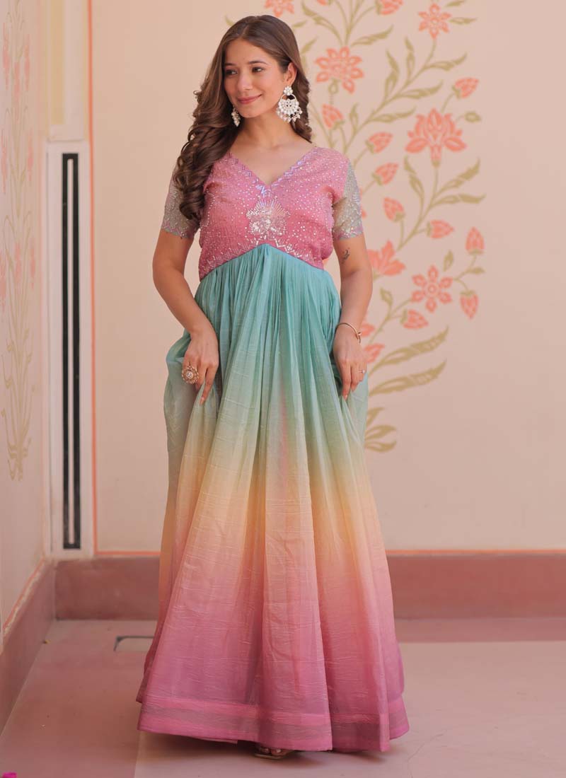 Prazu Fashion Multi Color Georgette Embroidered Gown