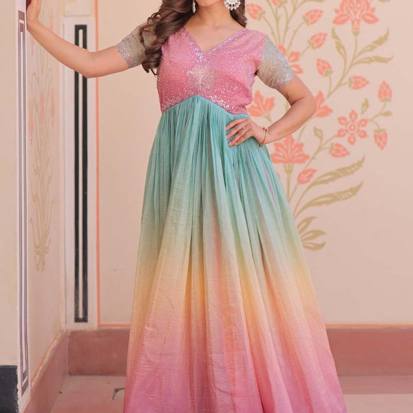 Prazu Fashion Multi Color Georgette Embroidered Gown - Distacart