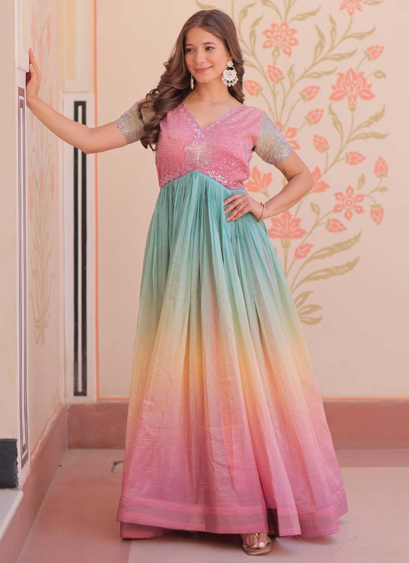Prazu Fashion Multi Color Georgette Embroidered Gown - Distacart