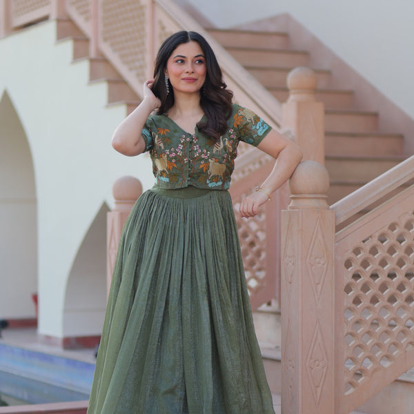 Prazu Fashion Mahendi Silver Crunchy Fabric Embroidered Gown With Koti