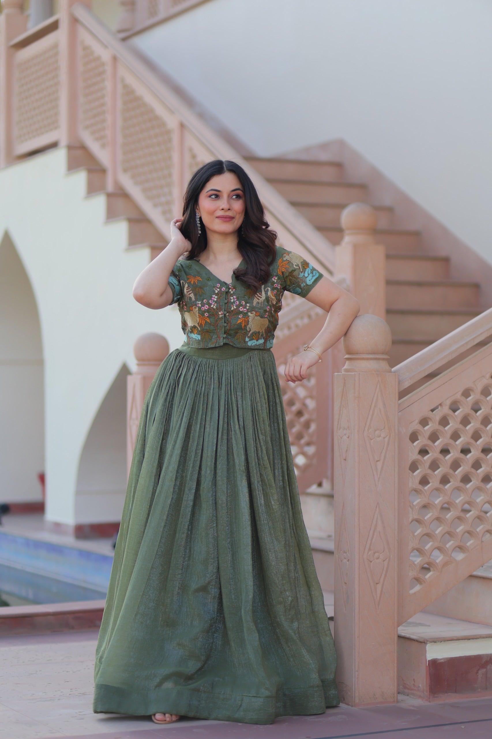 Prazu Fashion Mahendi Silver Crunchy Fabric Embroidered Gown With Koti - Distacart