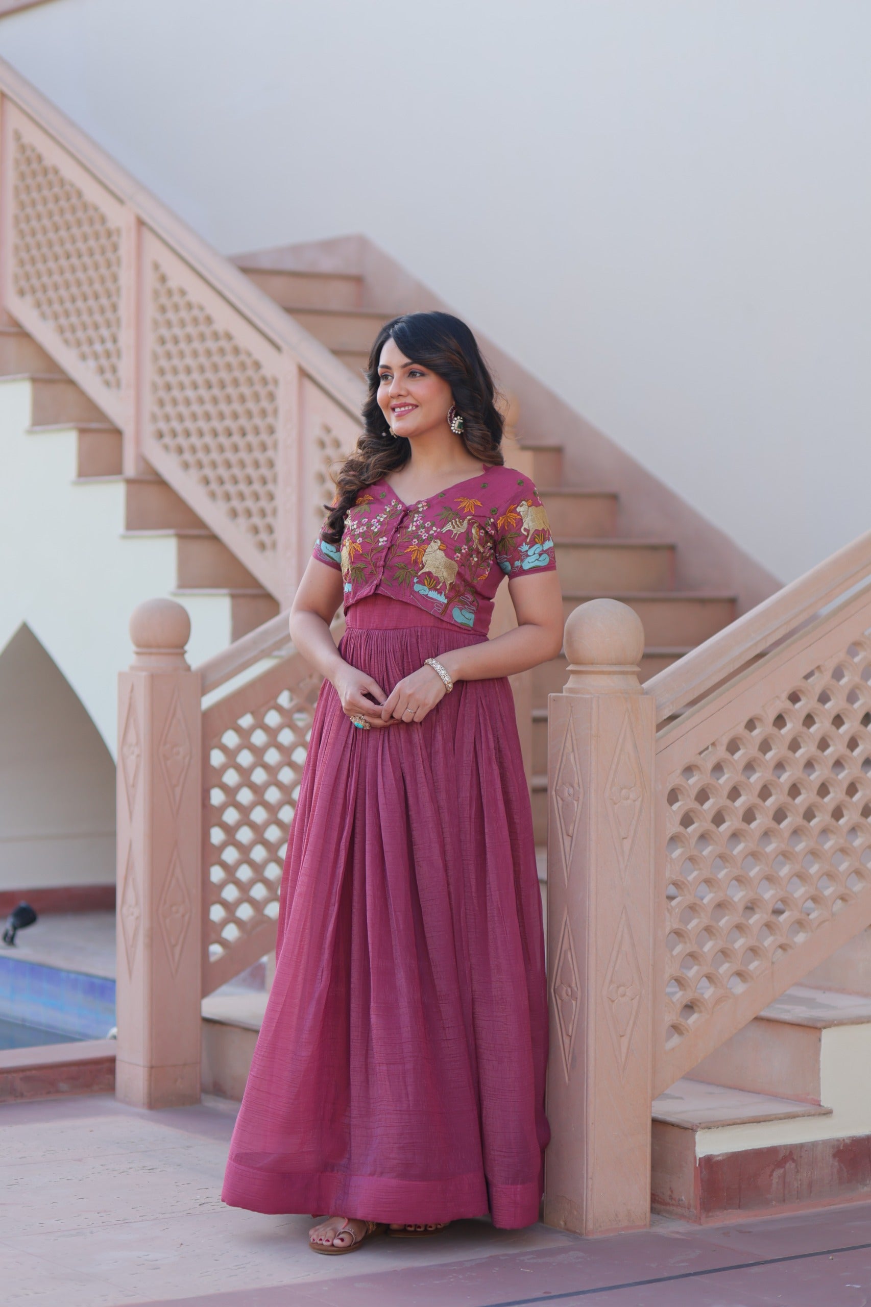 Prazu Fashion Onion Pink Silver Crunchy Fabric Embroidered Gown With Koti - Distacart