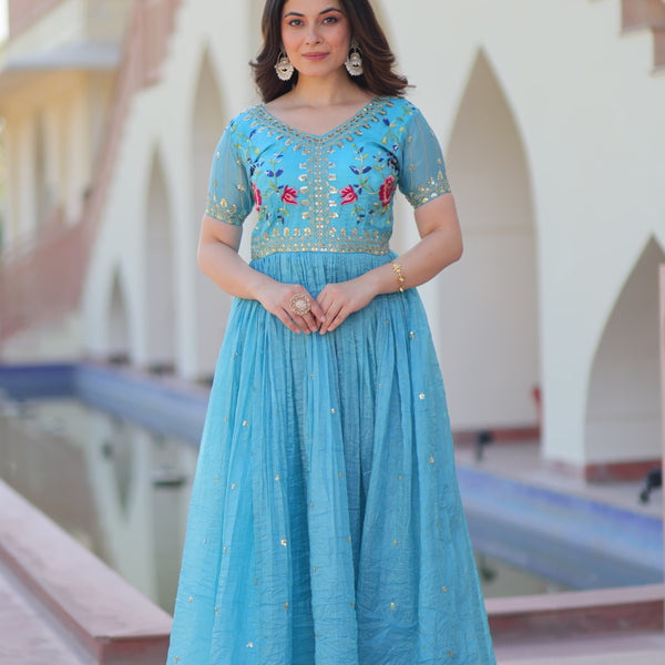 Prazu Fashion Sky Blue Gold Crush With Multi Thread Embroidery Gown