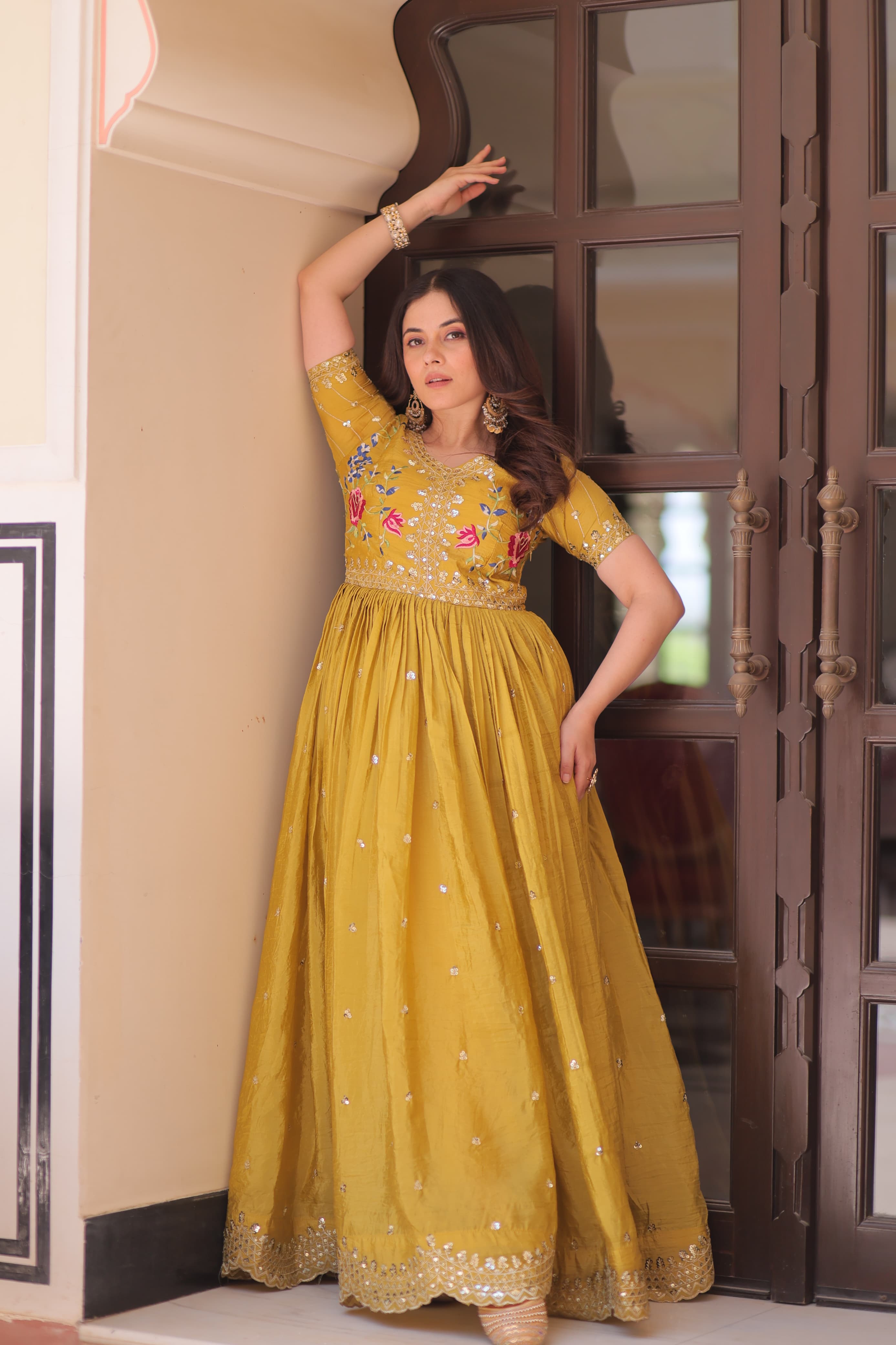Prazu Fashion Yellow Gold Crush With Multi Thread Embroidery Gown