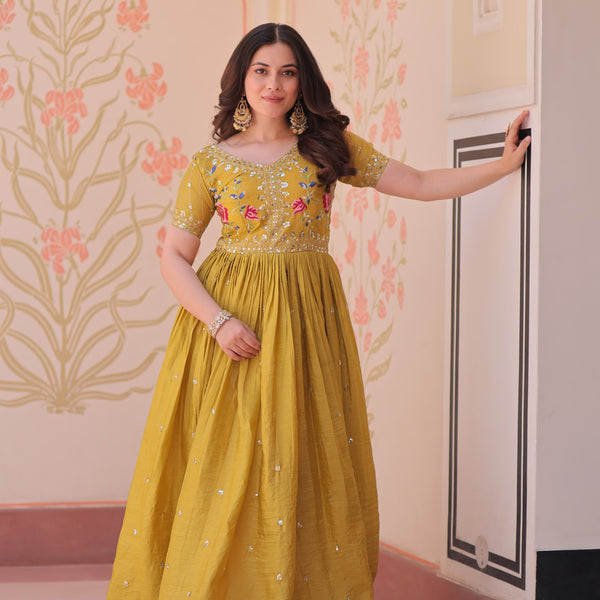 Prazu Fashion Yellow Gold Crush With Multi Thread Embroidery Gown - Distacart