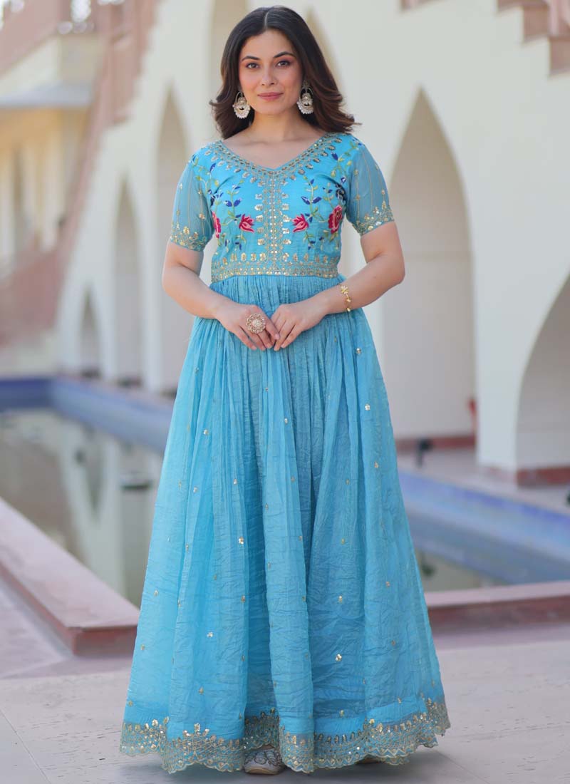 Prazu Fashion Sky Blue Silk Embroidered Designer Gown
