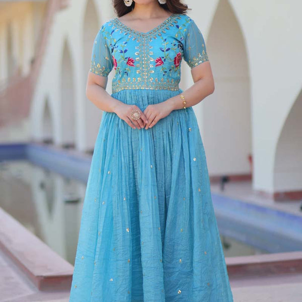 Prazu Fashion Sky Blue Silk Embroidered Designer Gown