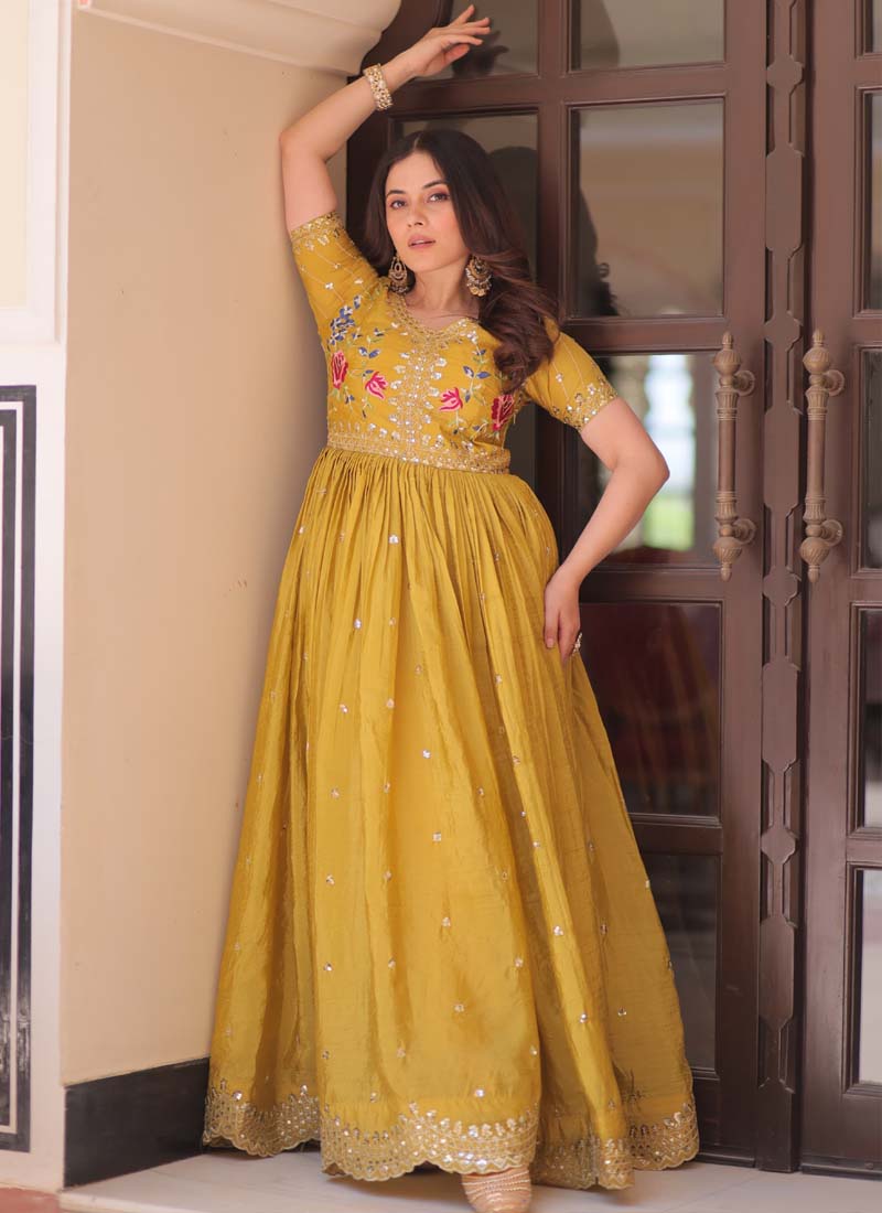 Prazu Fashion Yellow Silk Embroidered Designer Gown