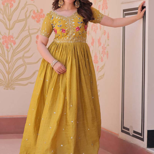 Prazu Fashion Yellow Silk Embroidered Designer Gown - Distacart