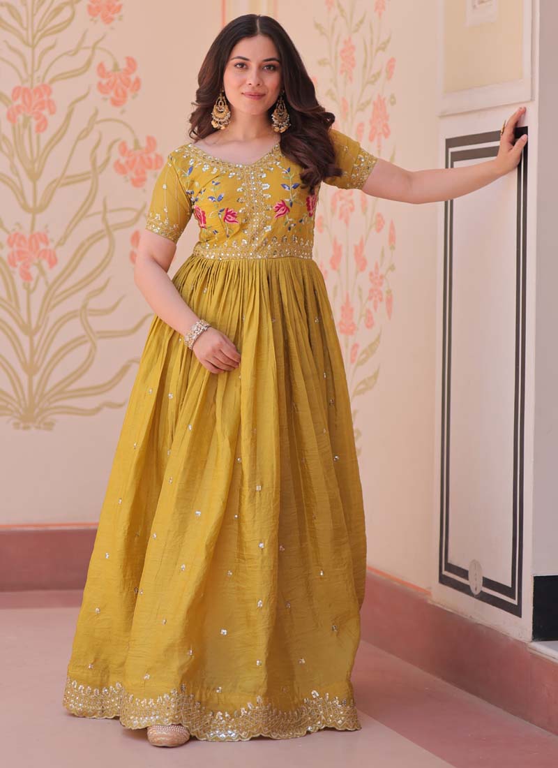 Prazu Fashion Yellow Silk Embroidered Designer Gown - Distacart