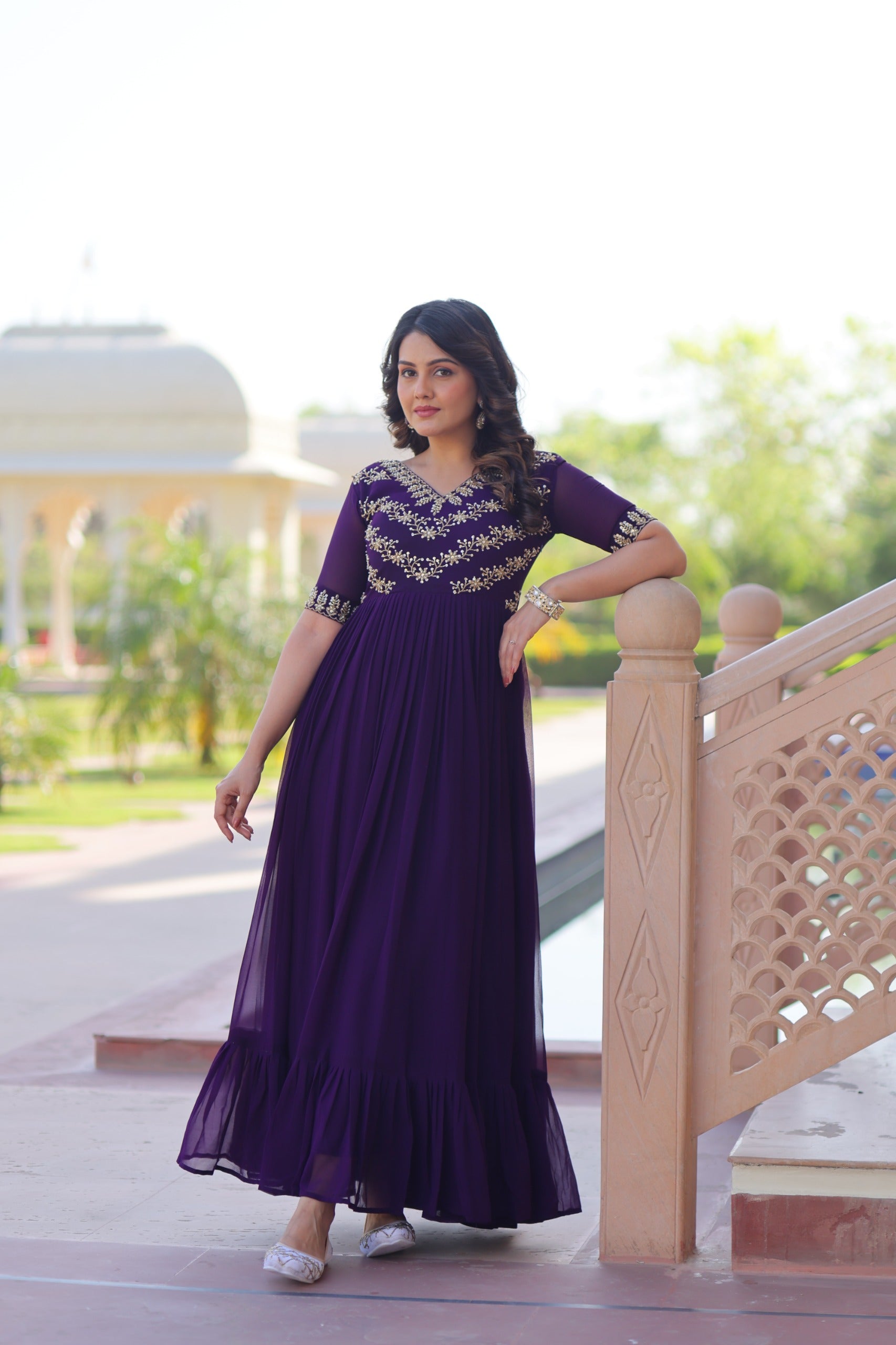 Prazu Fashion Purple Georgette Multithreaded Beads Embroidered Gown - Distacart