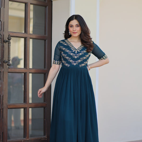 Prazu Fashion Rama Georgette Multithreaded Beads Embroidered Gown - Distacart