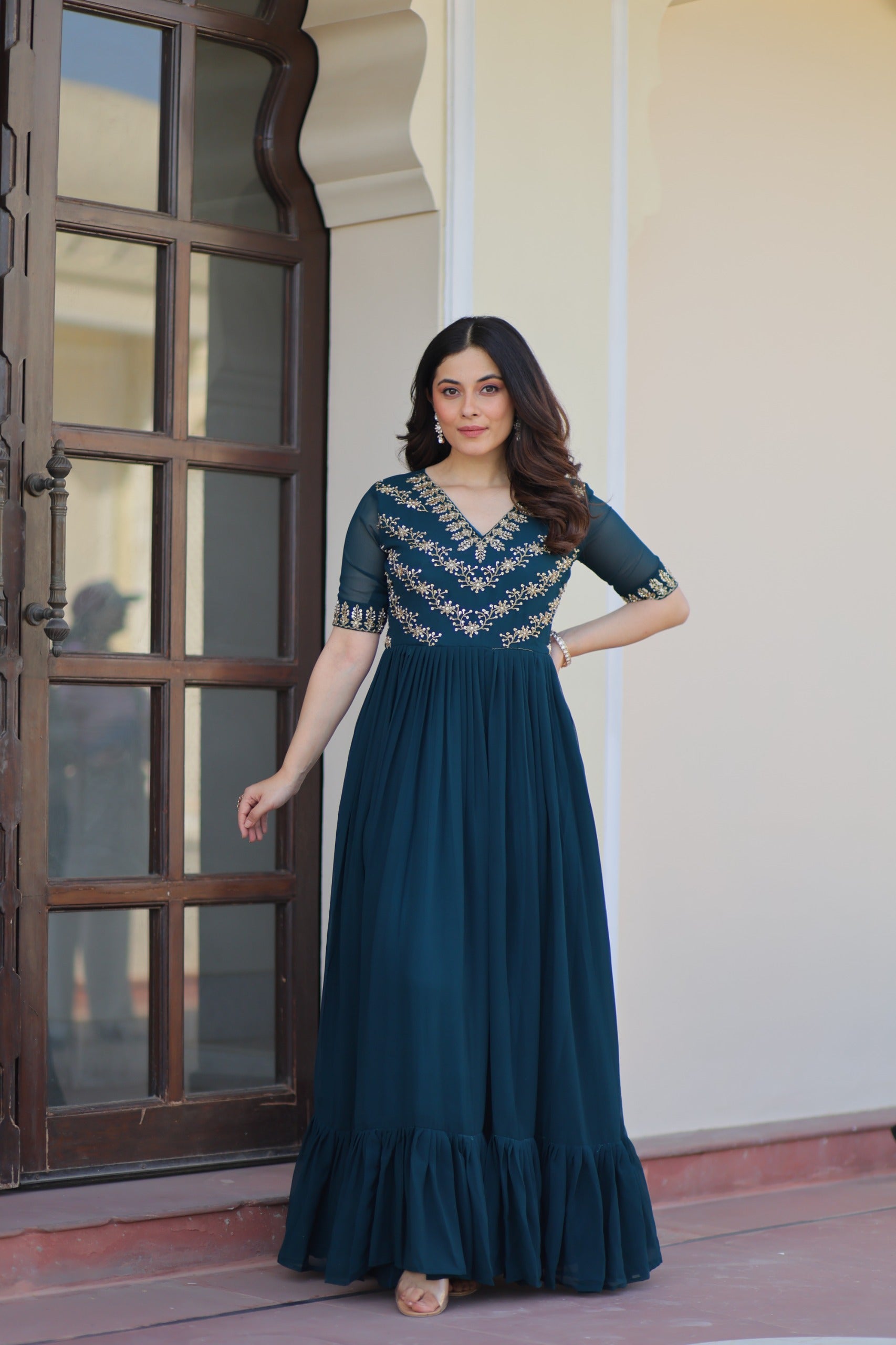 Prazu Fashion Rama Georgette Multithreaded Beads Embroidered Gown - Distacart