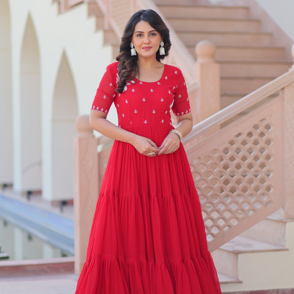 Prazu Fashion Red Georgette Beads Embroidered Designer Gown
