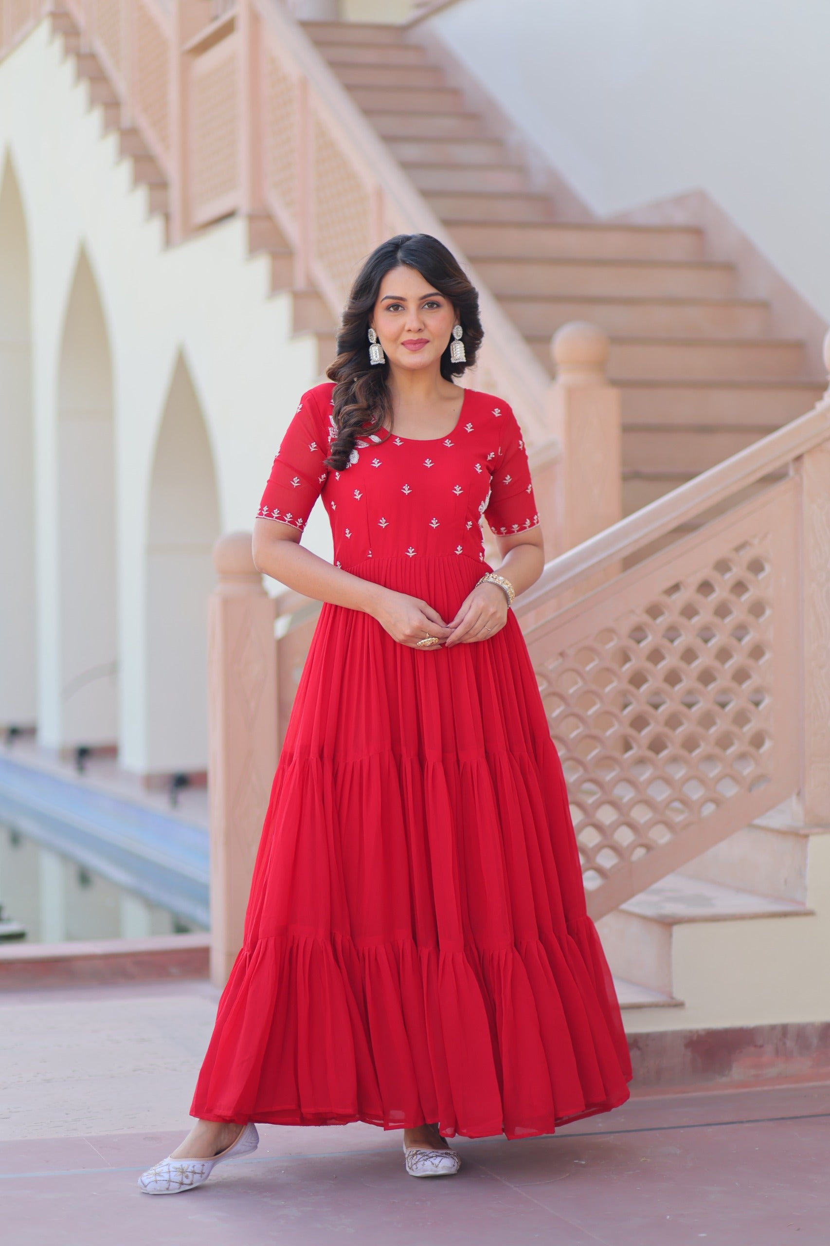 Prazu Fashion Red Georgette Beads Embroidered Designer Gown - Distacart