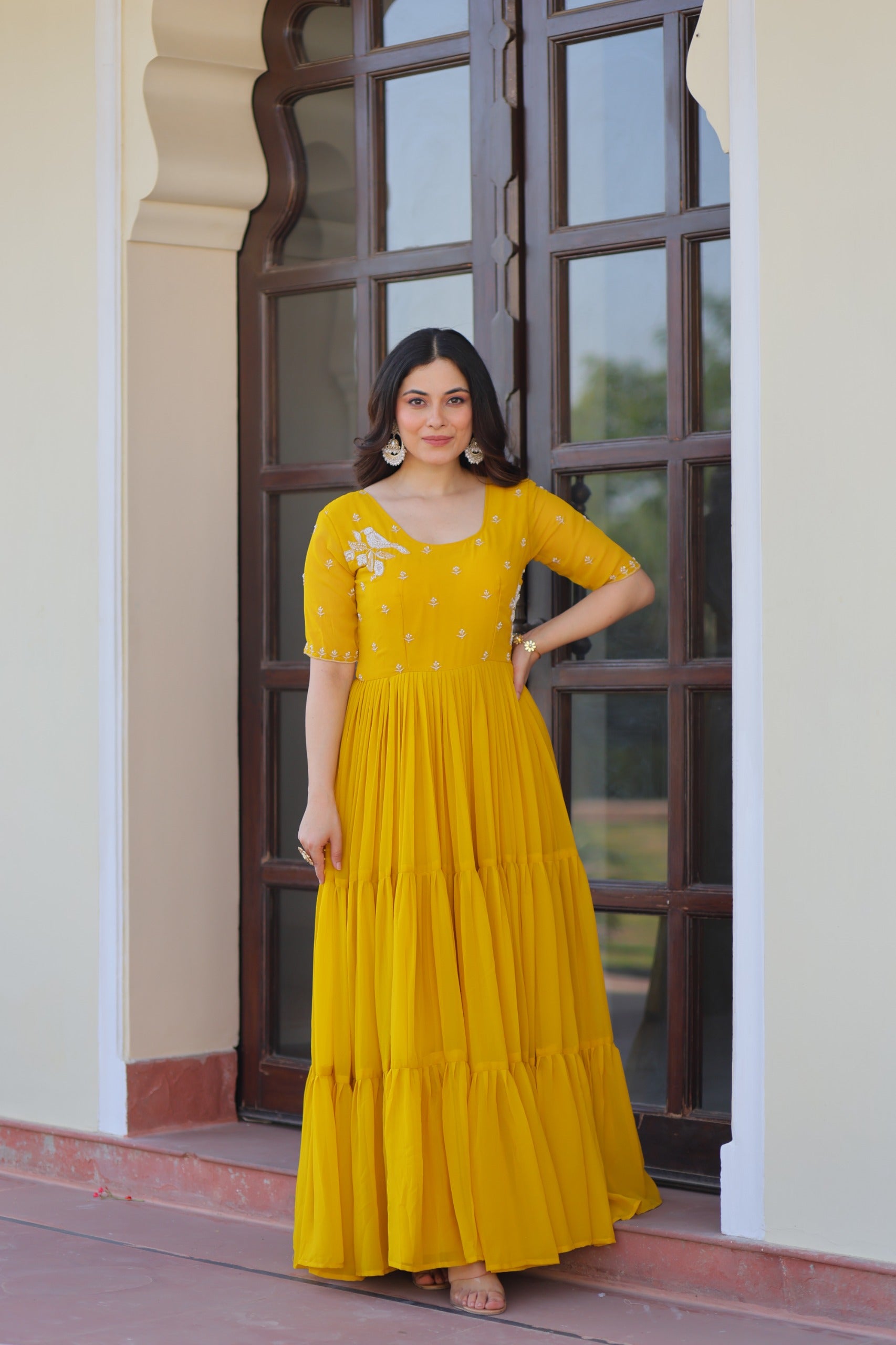 Prazu Fashion Yellow Georgette Beads Embroidered Designer Gown