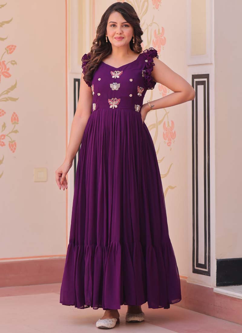 Prazu Fashion Purple Georgette Embroidered Designer Gown