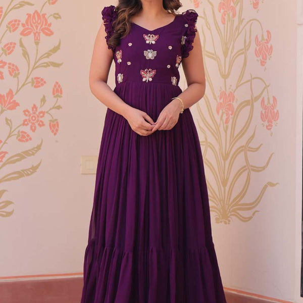 Prazu Fashion Purple Georgette Embroidered Designer Gown - Distacart
