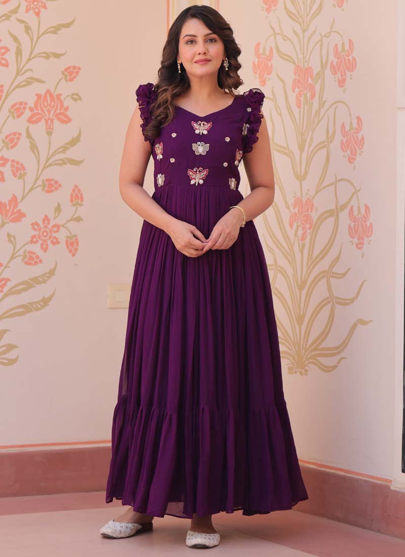 Prazu Fashion Purple Georgette Embroidered Designer Gown - Distacart