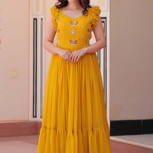 Prazu Fashion Yellow Georgette Embroidered Designer Gown - Distacart